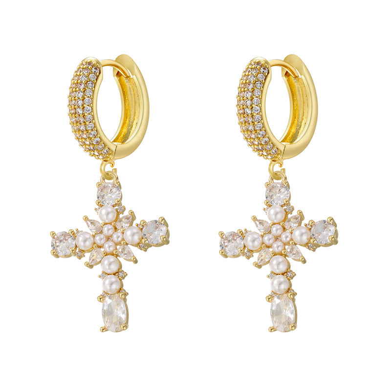European And American Entry Lux Copper Plating 18K Gold Inlaid Colorful Crystals Cross Earrings - 𝓢𝓱𝓸𝓹𝓵𝓮𝓬𝔂