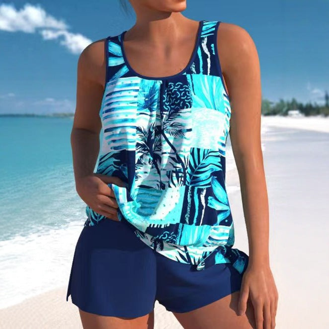 European And American Sexy Printed Drawstring Lace Boxer Swimsuit