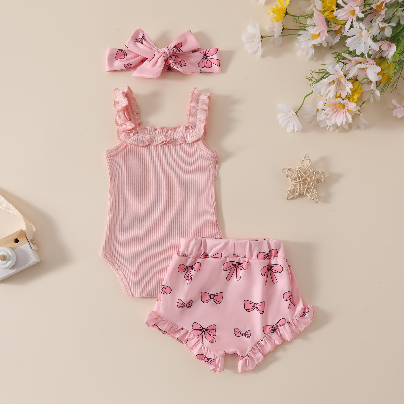 Girls' Solid Color Romper Bow Shorts Two-piece Set - 𝓢𝓱𝓸𝓹𝓵𝓮𝓬𝔂