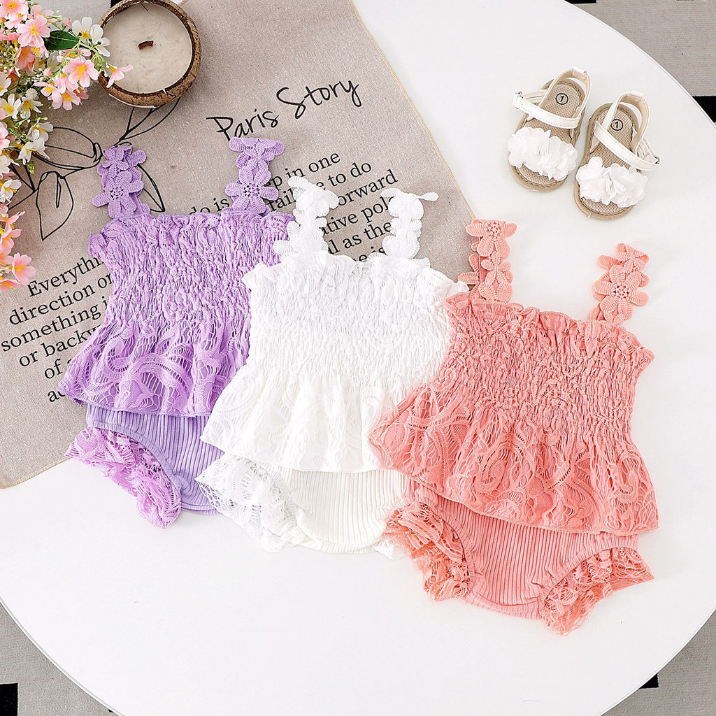 Mesh Smocking Sling Top Harem Pants Lace Two-piece Set - 𝓢𝓱𝓸𝓹𝓵𝓮𝓬𝔂