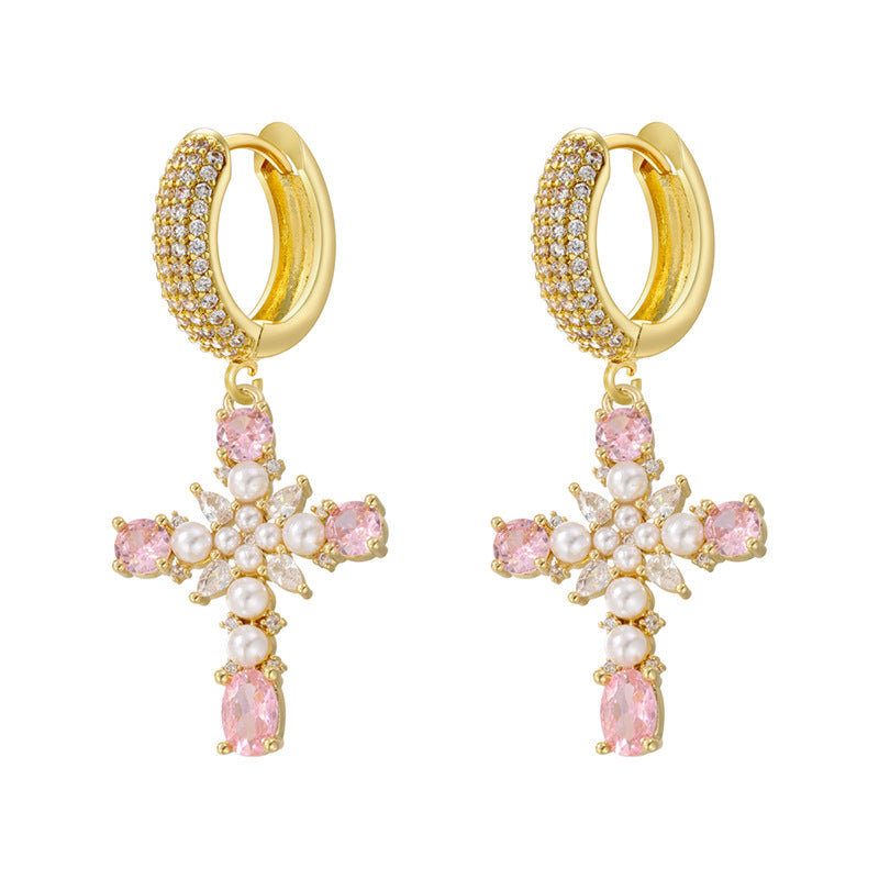 European And American Entry Lux Copper Plating 18K Gold Inlaid Colorful Crystals Cross Earrings - 𝓢𝓱𝓸𝓹𝓵𝓮𝓬𝔂