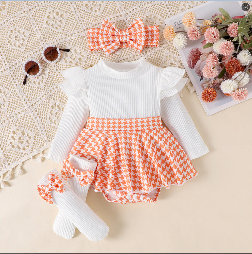 Sunken Stripe Long Sleeve Stitching Houndstooth Skirt One-piece Romper - 𝓢𝓱𝓸𝓹𝓵𝓮𝓬𝔂