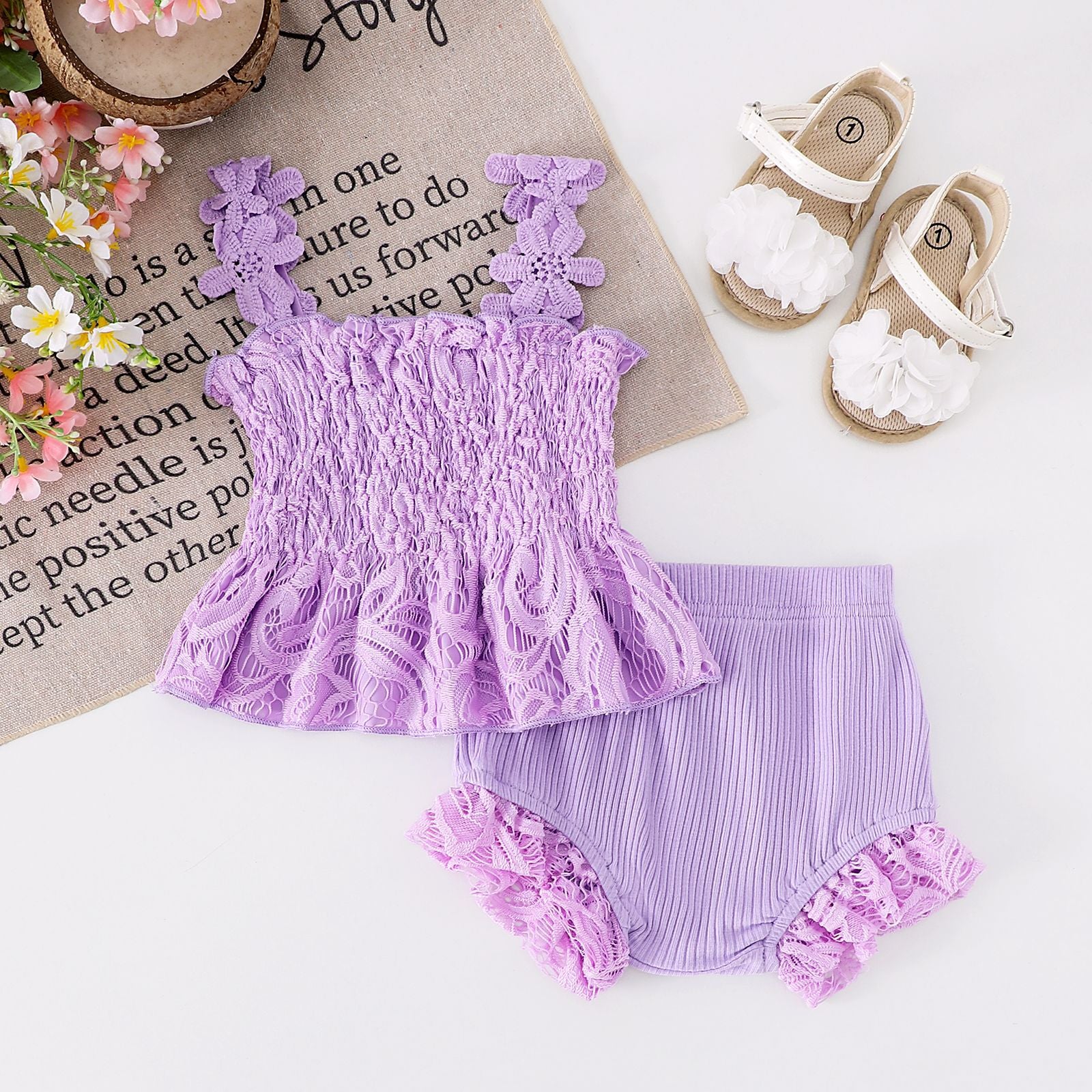 Mesh Smocking Sling Top Harem Pants Lace Two-piece Set - 𝓢𝓱𝓸𝓹𝓵𝓮𝓬𝔂