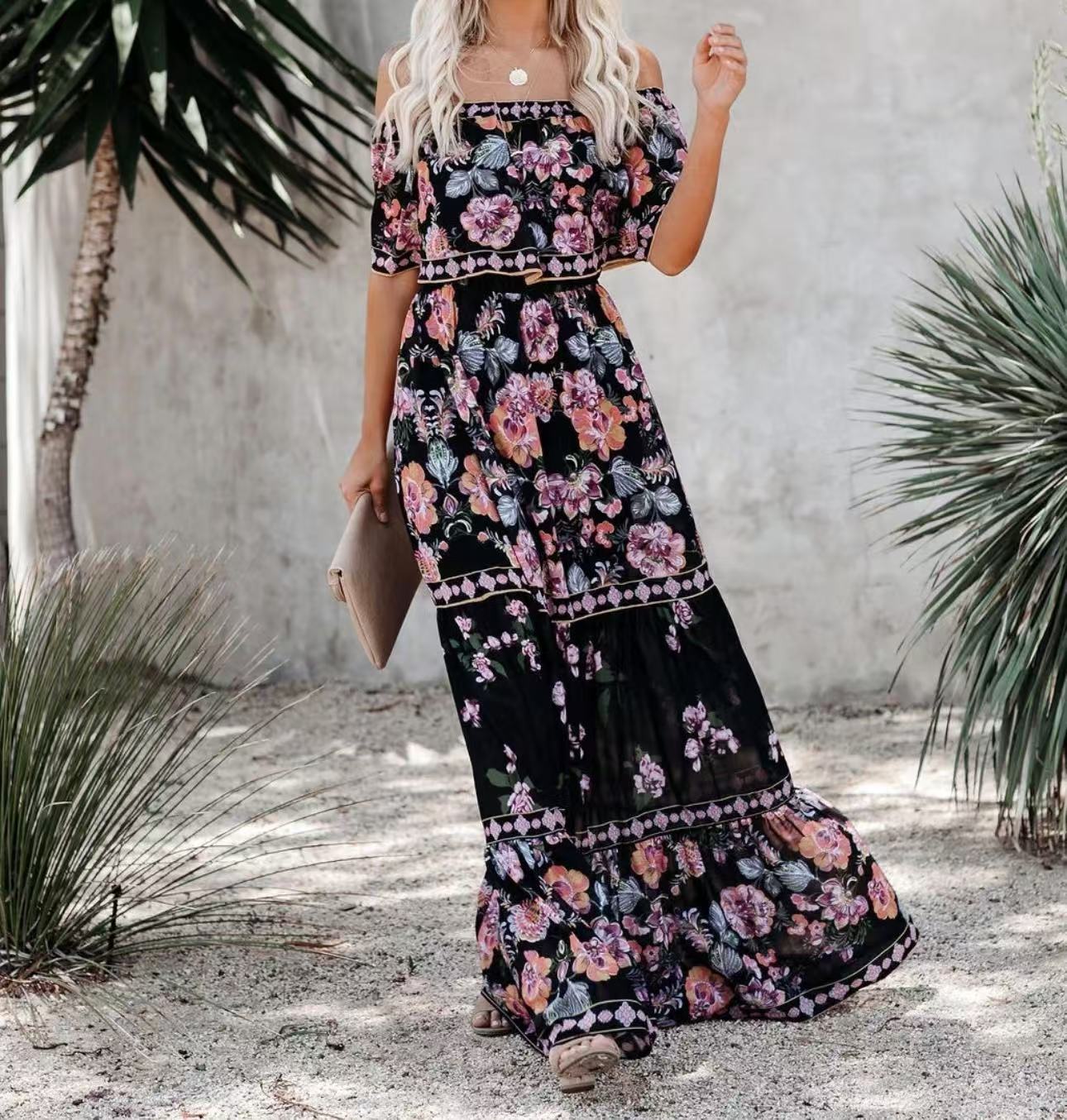 Summer European And American Off-shoulder Printing Belt Long Large Hem Dress - 𝓢𝓱𝓸𝓹𝓵𝓮𝓬𝔂