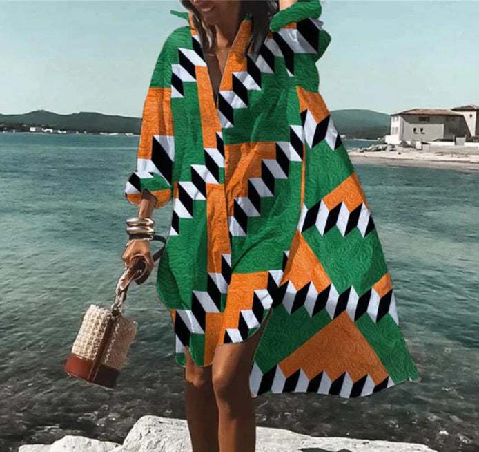 Women's Loose Digital Printing Long-sleeved Lapel Shirt Dress - 𝓢𝓱𝓸𝓹𝓵𝓮𝓬𝔂