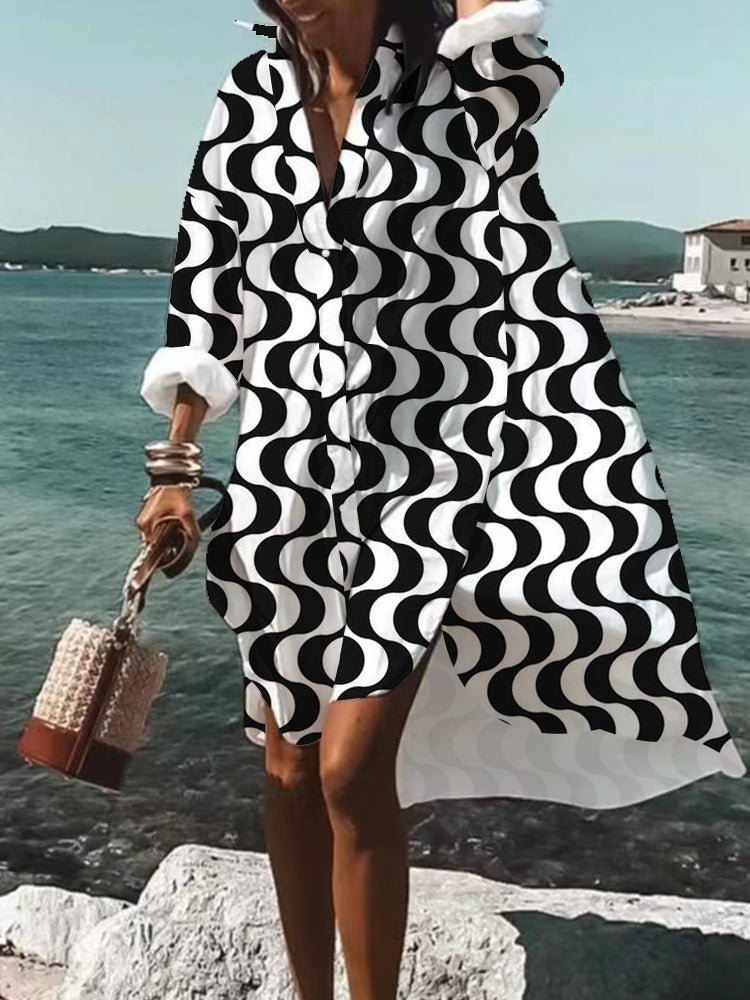 Women's Loose Digital Printing Long-sleeved Lapel Shirt Dress - 𝓢𝓱𝓸𝓹𝓵𝓮𝓬𝔂