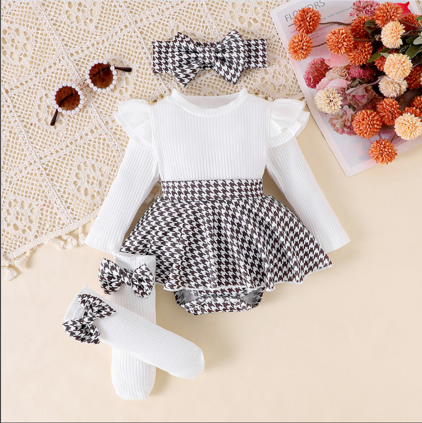 Sunken Stripe Long Sleeve Stitching Houndstooth Skirt One-piece Romper - 𝓢𝓱𝓸𝓹𝓵𝓮𝓬𝔂