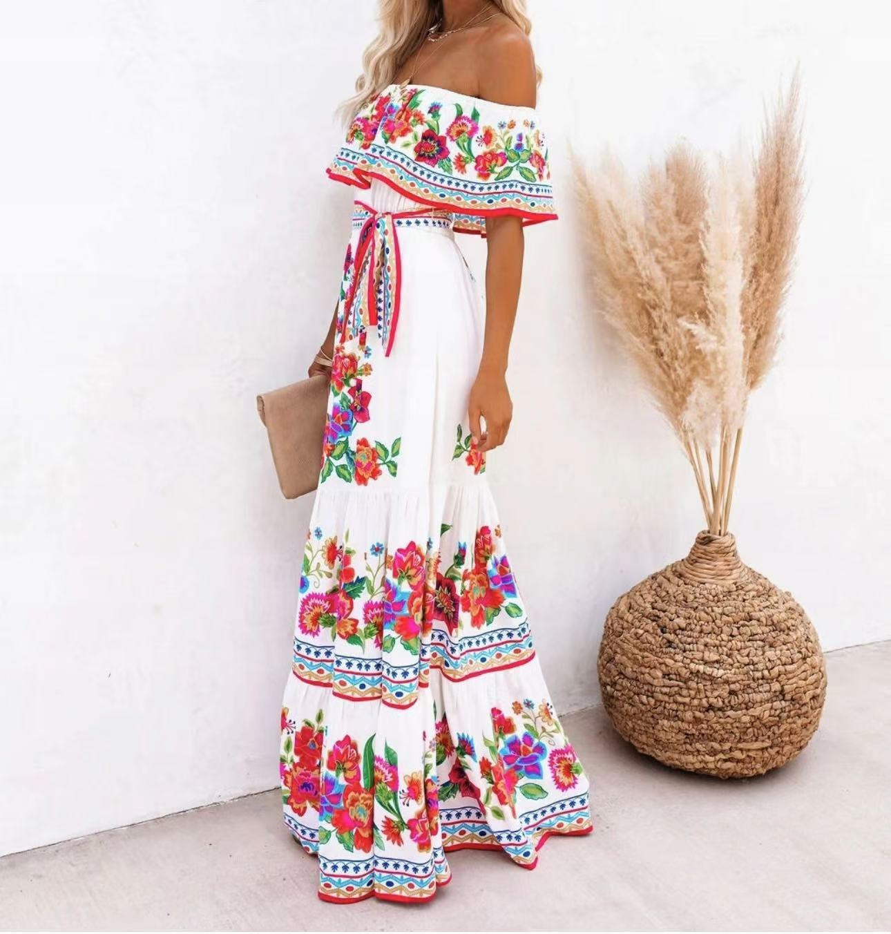 Summer European And American Off-shoulder Printing Belt Long Large Hem Dress - 𝓢𝓱𝓸𝓹𝓵𝓮𝓬𝔂