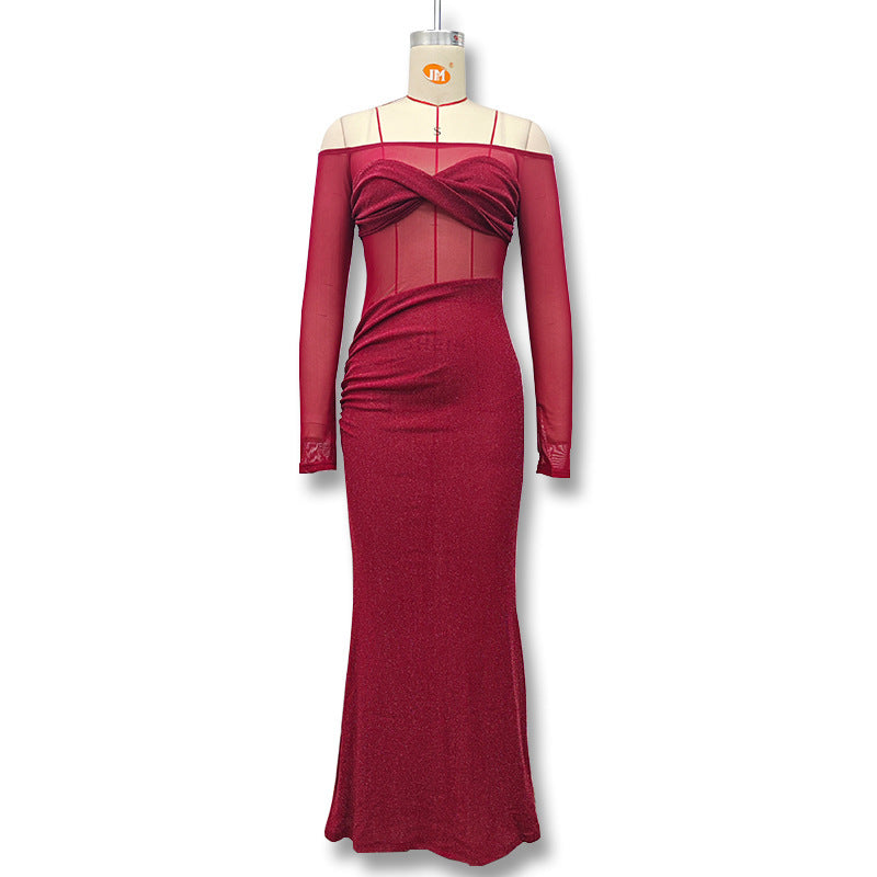 New Sexy Shiny Off-shoulder Slim-fit See-through Mesh Dress - 𝓢𝓱𝓸𝓹𝓵𝓮𝓬𝔂