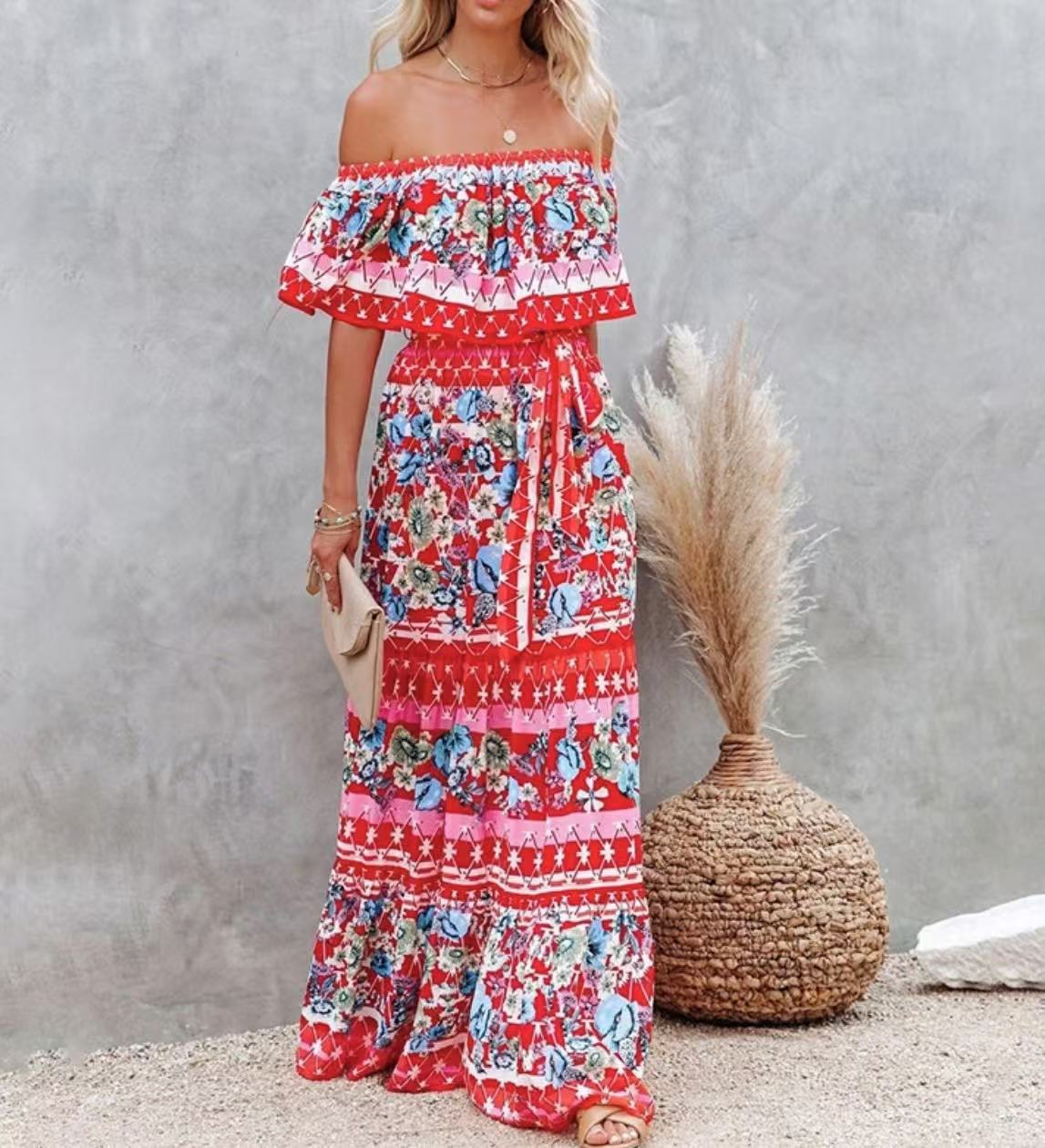 Summer European And American Off-shoulder Printing Belt Long Large Hem Dress - 𝓢𝓱𝓸𝓹𝓵𝓮𝓬𝔂