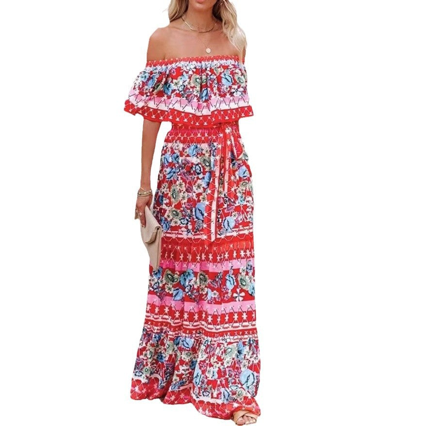 Summer European And American Off-shoulder Printing Belt Long Large Hem Dress - 𝓢𝓱𝓸𝓹𝓵𝓮𝓬𝔂