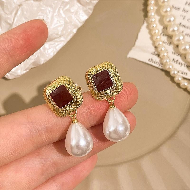 Retro Wine Red Pearl Earrings For Women Hong Kong Style - 𝓢𝓱𝓸𝓹𝓵𝓮𝓬𝔂