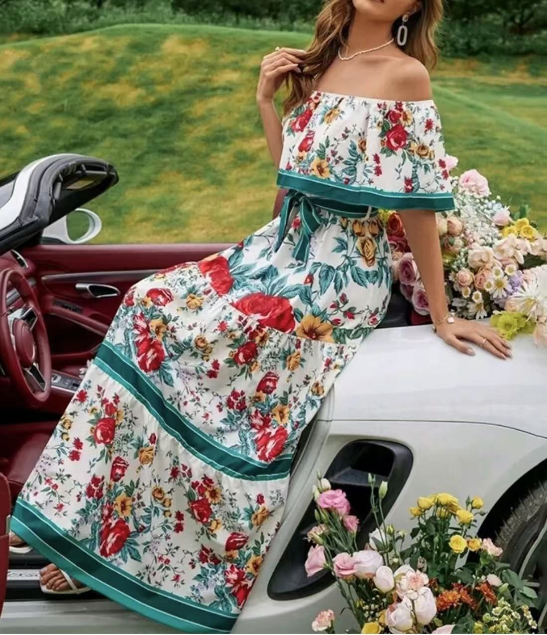 Summer European And American Off-shoulder Printing Belt Long Large Hem Dress - 𝓢𝓱𝓸𝓹𝓵𝓮𝓬𝔂