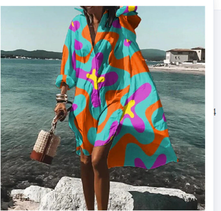 Women's Loose Digital Printing Long-sleeved Lapel Shirt Dress - 𝓢𝓱𝓸𝓹𝓵𝓮𝓬𝔂
