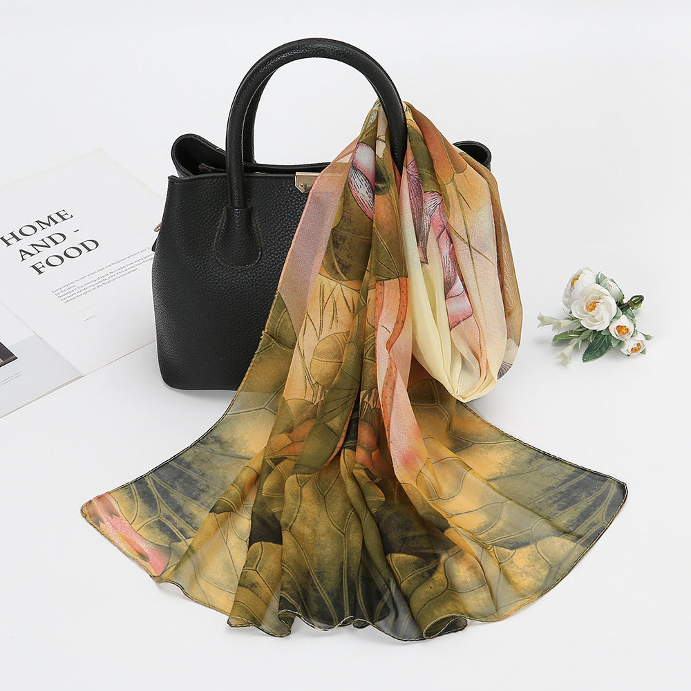 Thin Chiffon Lotus Pond Moonlight Printed Silk Scarf - 𝓢𝓱𝓸𝓹𝓵𝓮𝓬𝔂