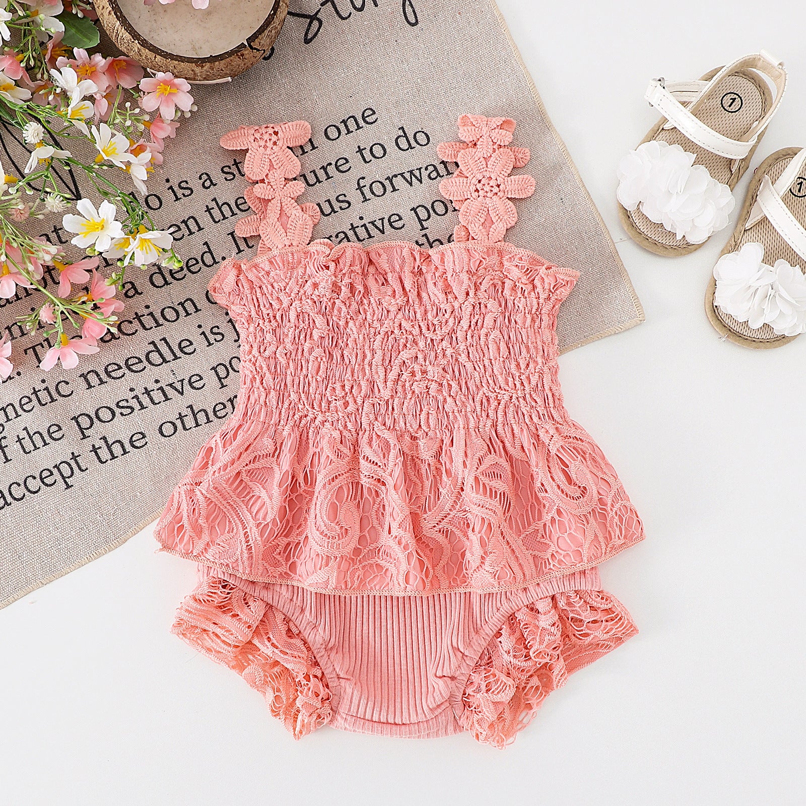 Mesh Smocking Sling Top Harem Pants Lace Two-piece Set - 𝓢𝓱𝓸𝓹𝓵𝓮𝓬𝔂