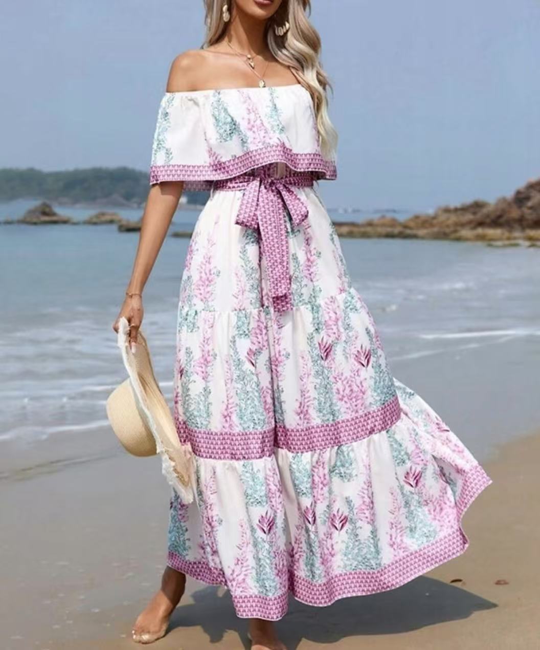 Summer European And American Off-shoulder Printing Belt Long Large Hem Dress - 𝓢𝓱𝓸𝓹𝓵𝓮𝓬𝔂