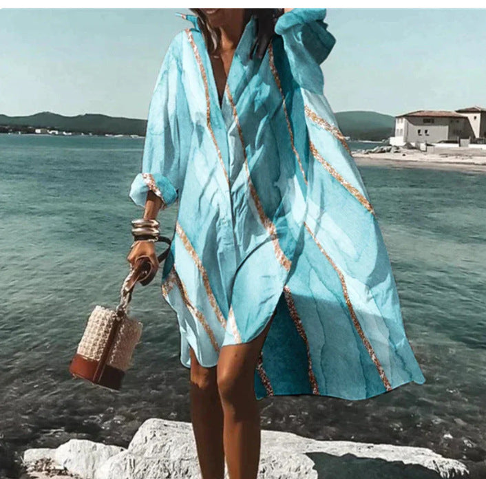 Women's Loose Digital Printing Long-sleeved Lapel Shirt Dress - 𝓢𝓱𝓸𝓹𝓵𝓮𝓬𝔂