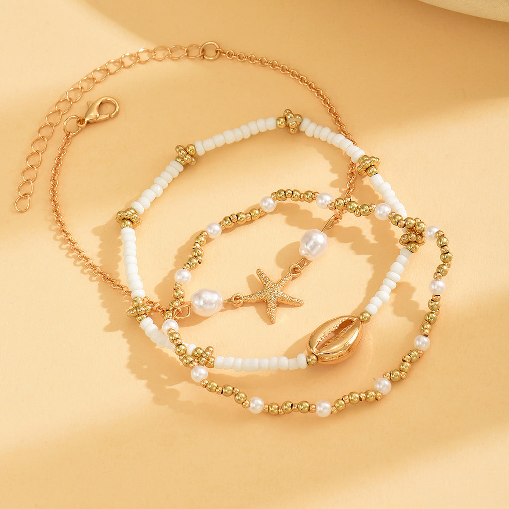 Beach Vacation Bead Shell Starfish Foot Ornaments Anklet Three-piece Set - 𝓢𝓱𝓸𝓹𝓵𝓮𝓬𝔂