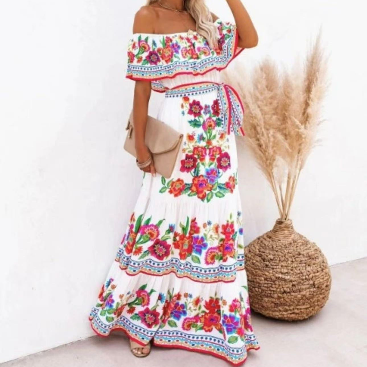 Summer European And American Off-shoulder Printing Belt Long Large Hem Dress - 𝓢𝓱𝓸𝓹𝓵𝓮𝓬𝔂