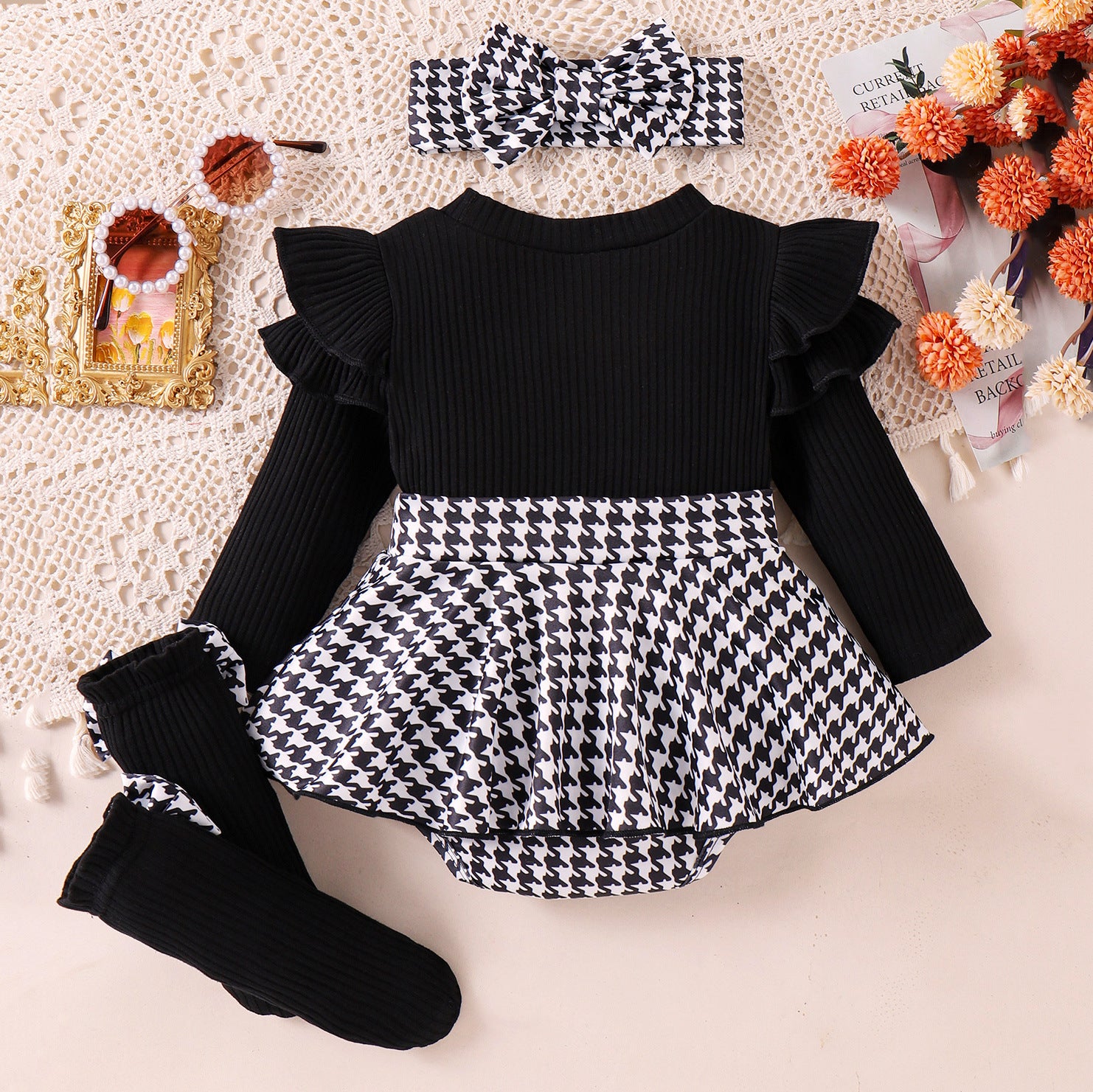 Sunken Stripe Long Sleeve Stitching Houndstooth Skirt One-piece Romper - 𝓢𝓱𝓸𝓹𝓵𝓮𝓬𝔂