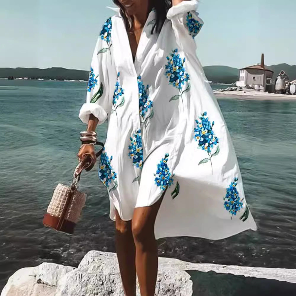 Women's Loose Digital Printing Long-sleeved Lapel Shirt Dress - 𝓢𝓱𝓸𝓹𝓵𝓮𝓬𝔂