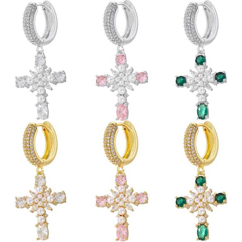 European And American Entry Lux Copper Plating 18K Gold Inlaid Colorful Crystals Cross Earrings - 𝓢𝓱𝓸𝓹𝓵𝓮𝓬𝔂