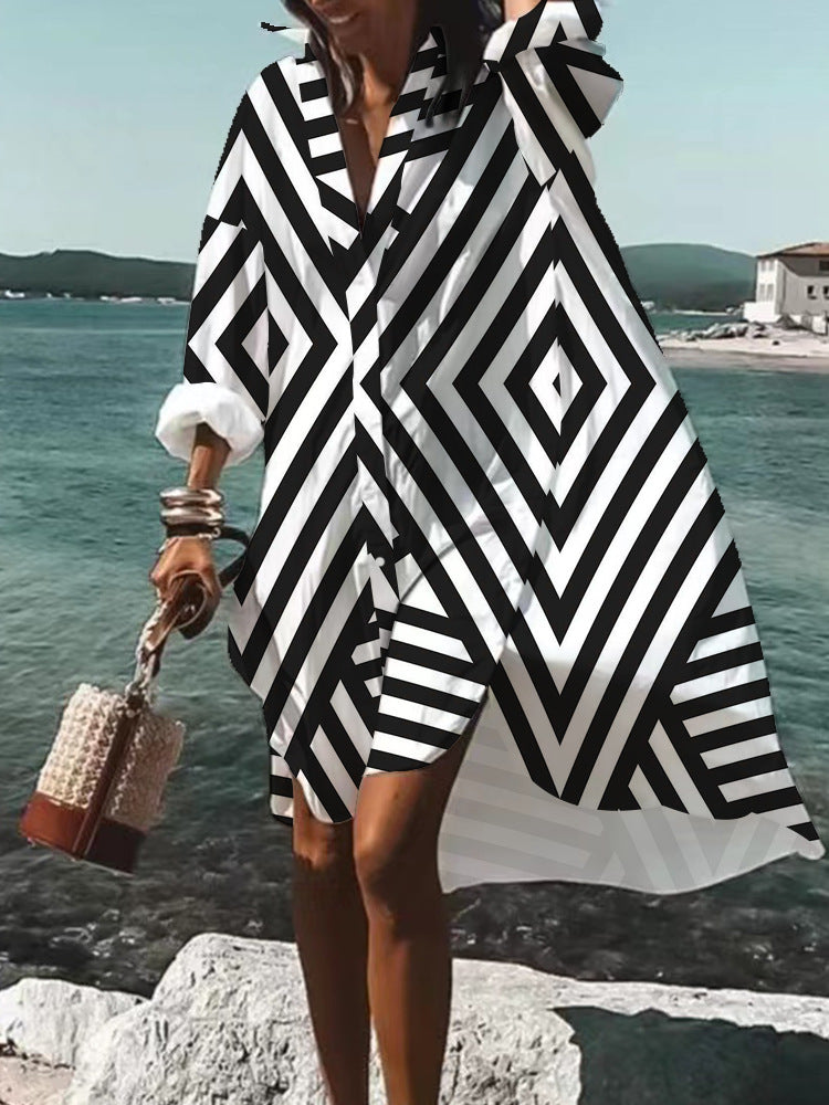 Women's Loose Digital Printing Long-sleeved Lapel Shirt Dress - 𝓢𝓱𝓸𝓹𝓵𝓮𝓬𝔂