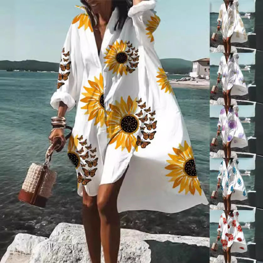 Women's Loose Digital Printing Long-sleeved Lapel Shirt Dress - 𝓢𝓱𝓸𝓹𝓵𝓮𝓬𝔂