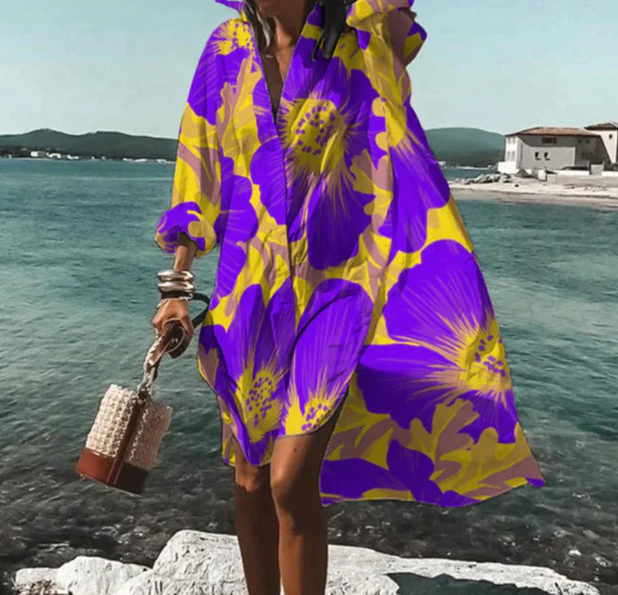 Women's Loose Digital Printing Long-sleeved Lapel Shirt Dress - 𝓢𝓱𝓸𝓹𝓵𝓮𝓬𝔂