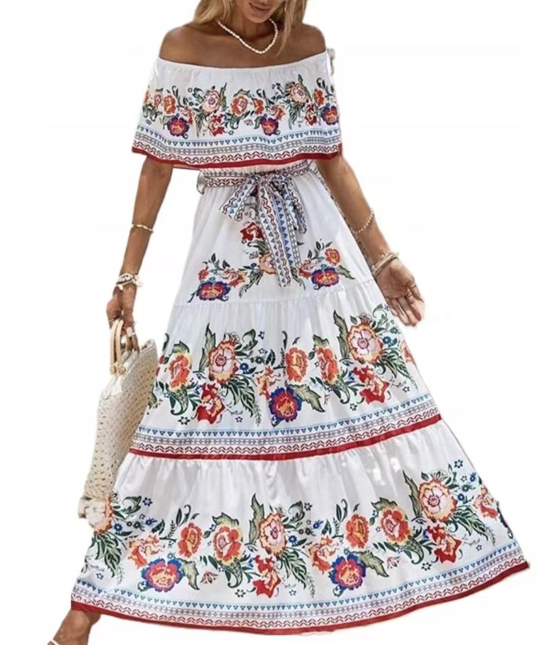 Summer European And American Off-shoulder Printing Belt Long Large Hem Dress - 𝓢𝓱𝓸𝓹𝓵𝓮𝓬𝔂
