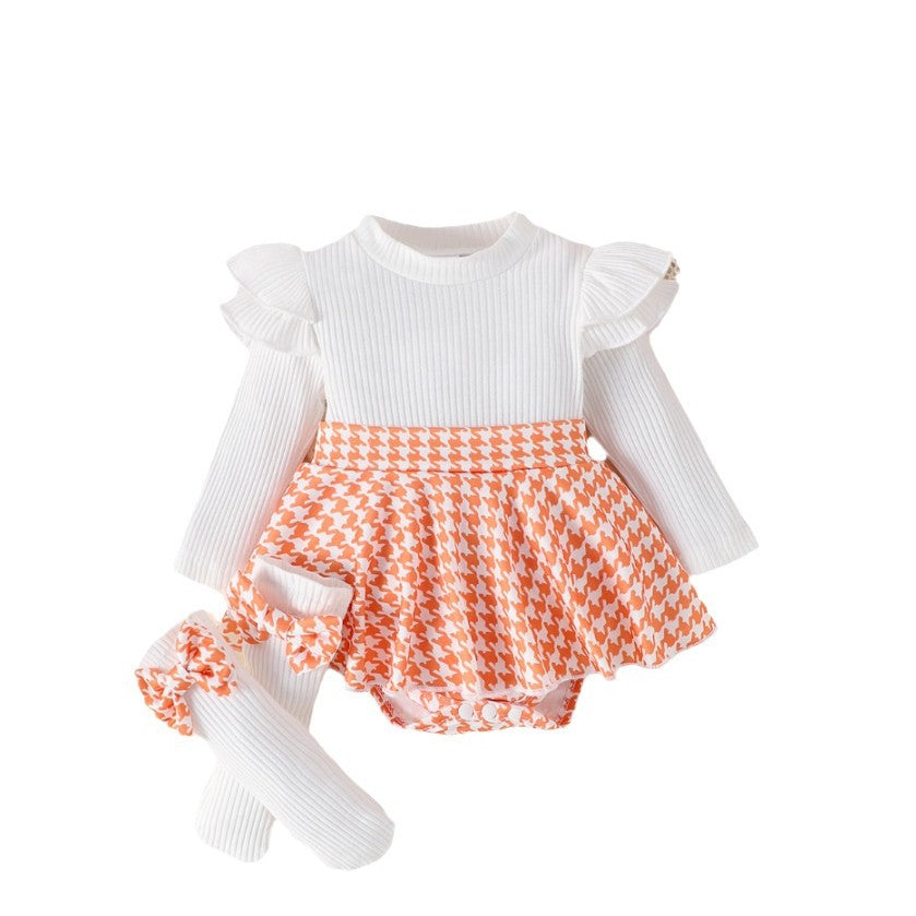 Sunken Stripe Long Sleeve Stitching Houndstooth Skirt One-piece Romper - 𝓢𝓱𝓸𝓹𝓵𝓮𝓬𝔂