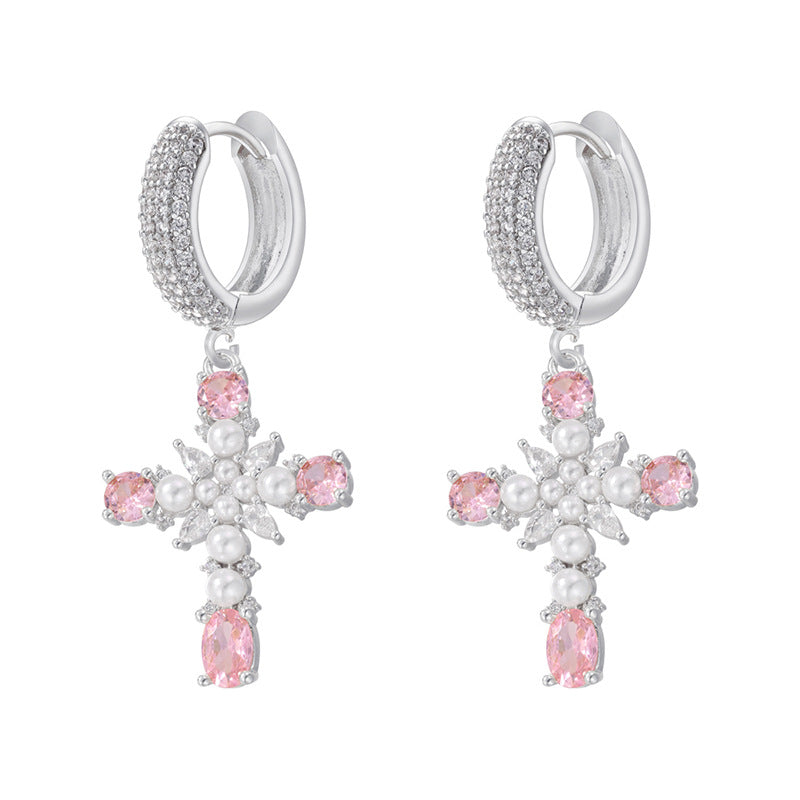 European And American Entry Lux Copper Plating 18K Gold Inlaid Colorful Crystals Cross Earrings - 𝓢𝓱𝓸𝓹𝓵𝓮𝓬𝔂