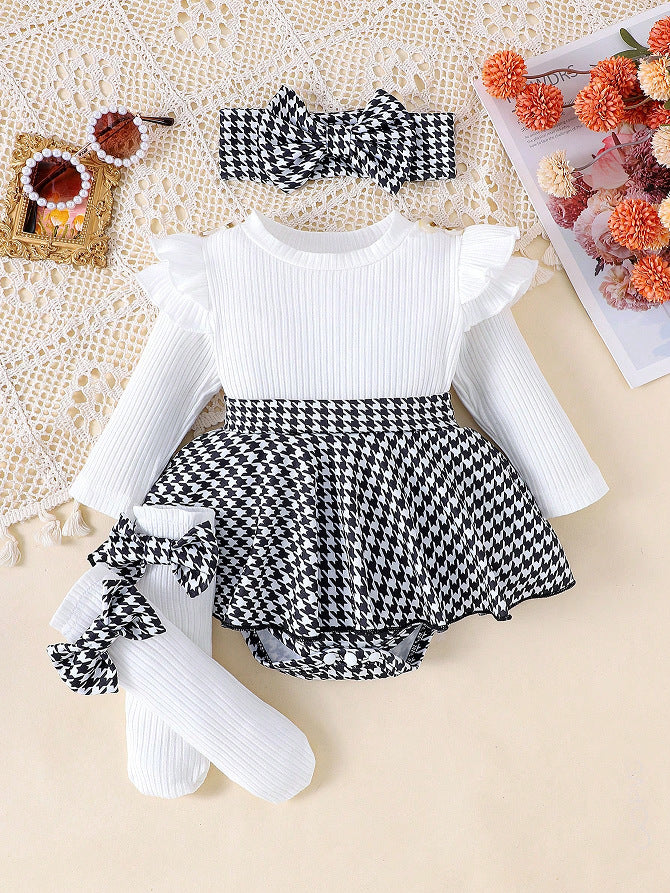Sunken Stripe Long Sleeve Stitching Houndstooth Skirt One-piece Romper - 𝓢𝓱𝓸𝓹𝓵𝓮𝓬𝔂