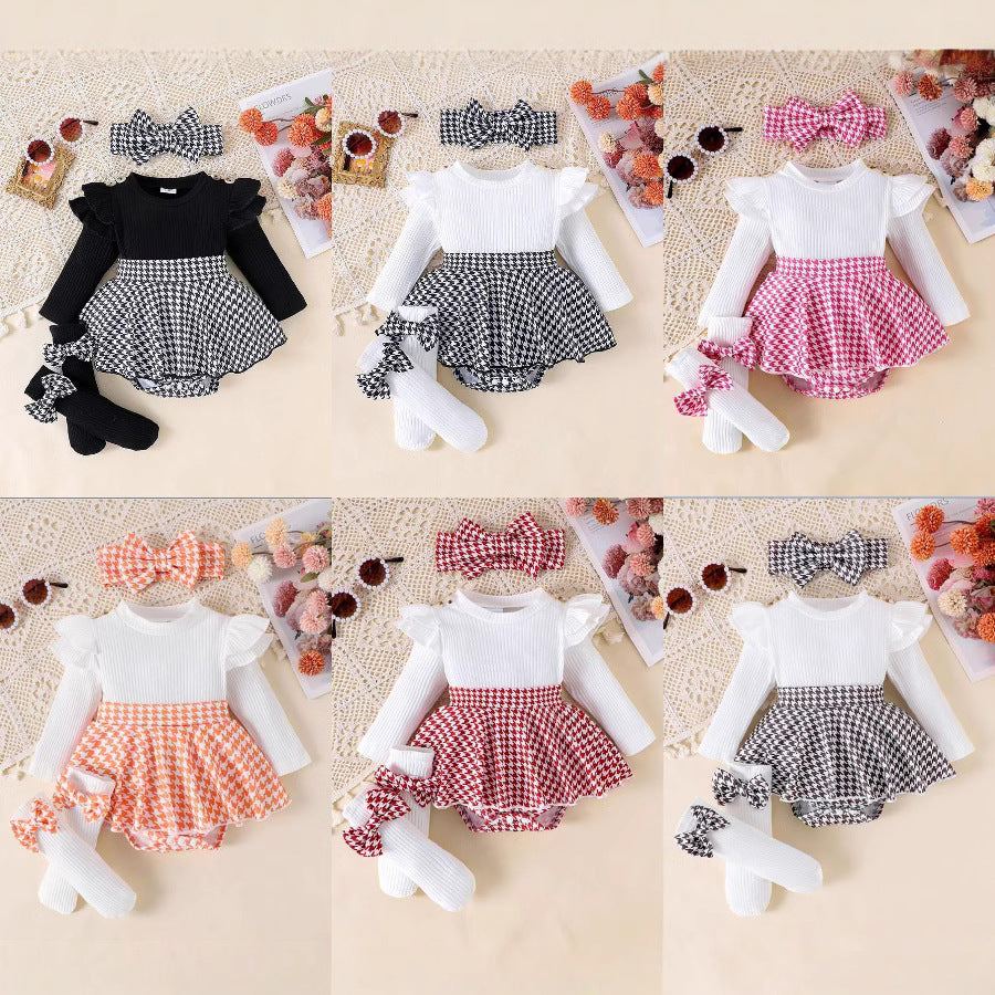 Sunken Stripe Long Sleeve Stitching Houndstooth Skirt One-piece Romper - 𝓢𝓱𝓸𝓹𝓵𝓮𝓬𝔂