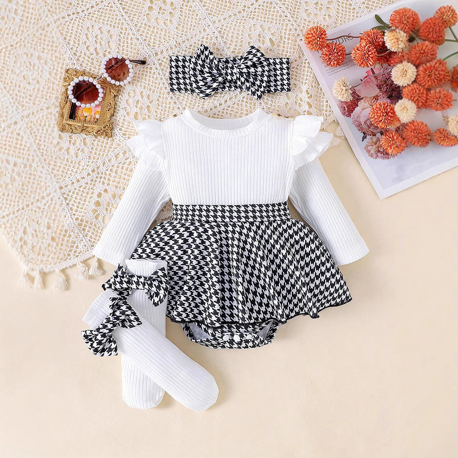 Sunken Stripe Long Sleeve Stitching Houndstooth Skirt One-piece Romper - 𝓢𝓱𝓸𝓹𝓵𝓮𝓬𝔂