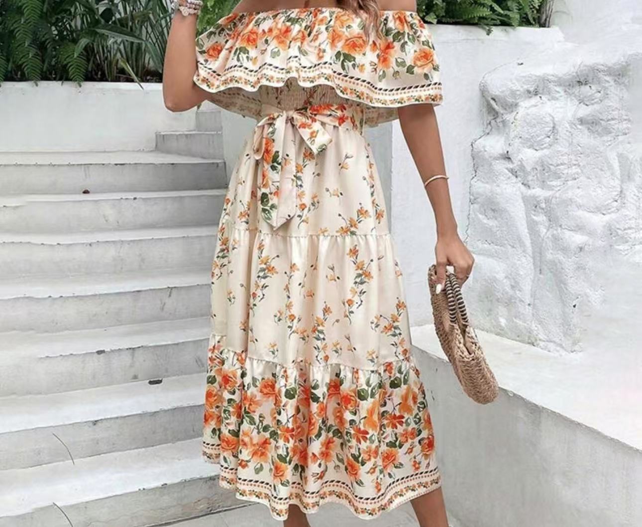 Summer European And American Off-shoulder Printing Belt Long Large Hem Dress - 𝓢𝓱𝓸𝓹𝓵𝓮𝓬𝔂