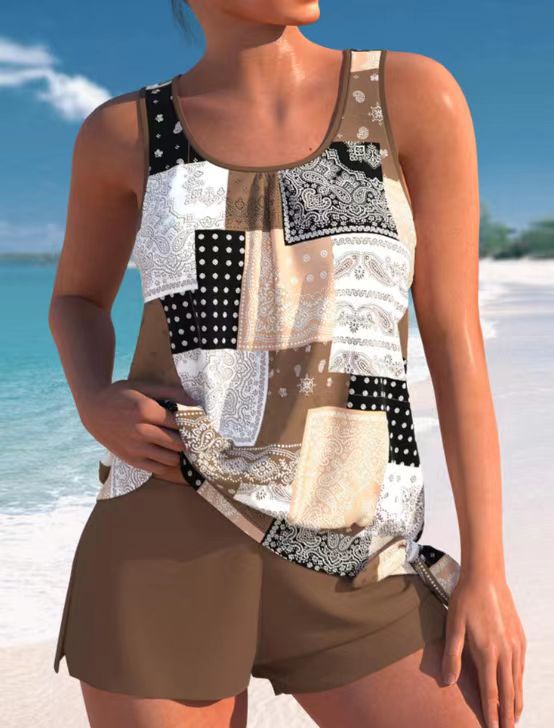 European And American Sexy Printed Drawstring Lace Boxer Swimsuit