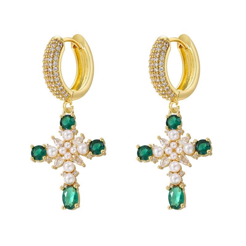European And American Entry Lux Copper Plating 18K Gold Inlaid Colorful Crystals Cross Earrings - 𝓢𝓱𝓸𝓹𝓵𝓮𝓬𝔂