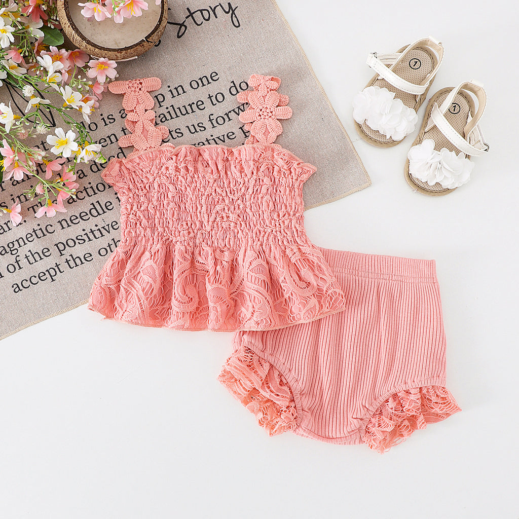 Mesh Smocking Sling Top Harem Pants Lace Two-piece Set - 𝓢𝓱𝓸𝓹𝓵𝓮𝓬𝔂