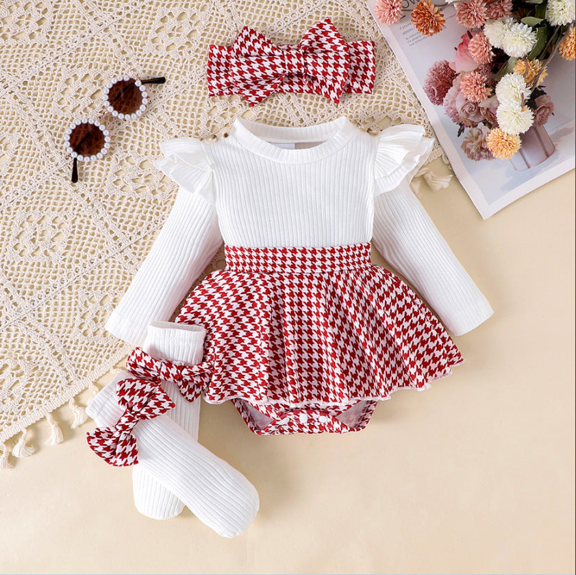 Sunken Stripe Long Sleeve Stitching Houndstooth Skirt One-piece Romper - 𝓢𝓱𝓸𝓹𝓵𝓮𝓬𝔂