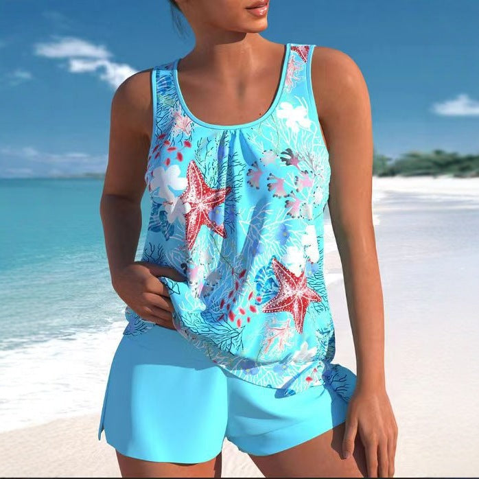 European And American Sexy Printed Drawstring Lace Boxer Swimsuit