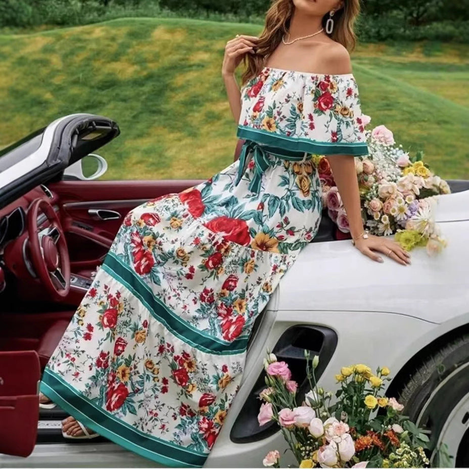 Summer European And American Off-shoulder Printing Belt Long Large Hem Dress - 𝓢𝓱𝓸𝓹𝓵𝓮𝓬𝔂