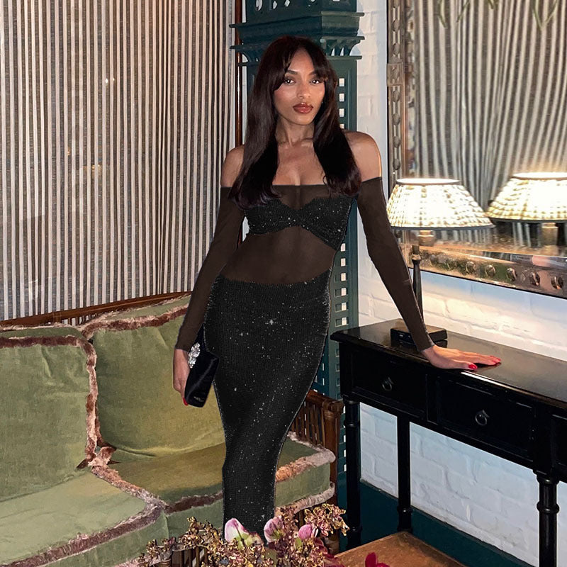 New Sexy Shiny Off-shoulder Slim-fit See-through Mesh Dress - 𝓢𝓱𝓸𝓹𝓵𝓮𝓬𝔂