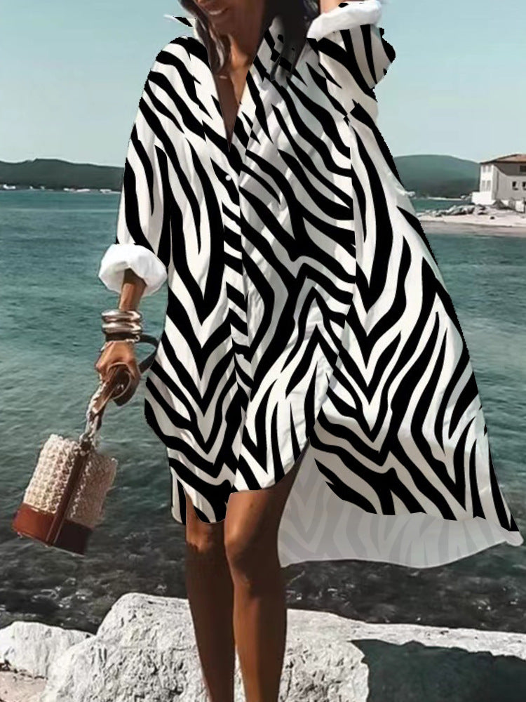 Women's Loose Digital Printing Long-sleeved Lapel Shirt Dress - 𝓢𝓱𝓸𝓹𝓵𝓮𝓬𝔂