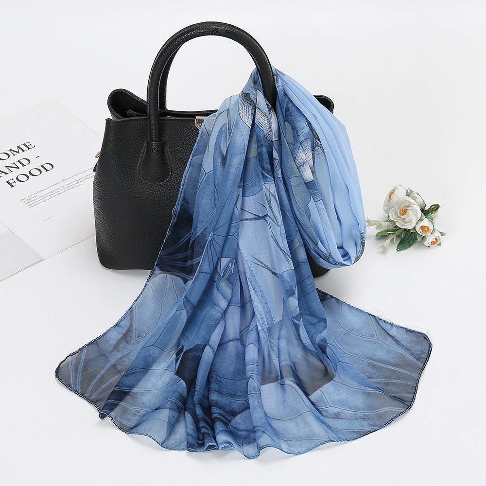 Thin Chiffon Lotus Pond Moonlight Printed Silk Scarf - 𝓢𝓱𝓸𝓹𝓵𝓮𝓬𝔂