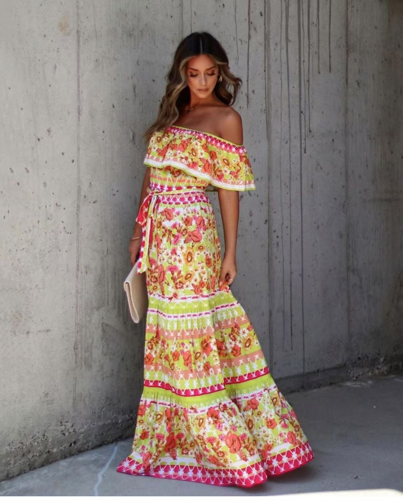 Summer European And American Off-shoulder Printing Belt Long Large Hem Dress - 𝓢𝓱𝓸𝓹𝓵𝓮𝓬𝔂