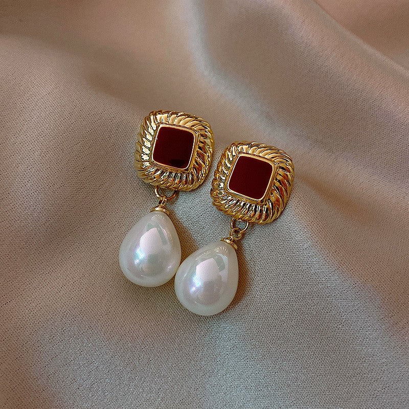 Retro Wine Red Pearl Earrings For Women Hong Kong Style - 𝓢𝓱𝓸𝓹𝓵𝓮𝓬𝔂