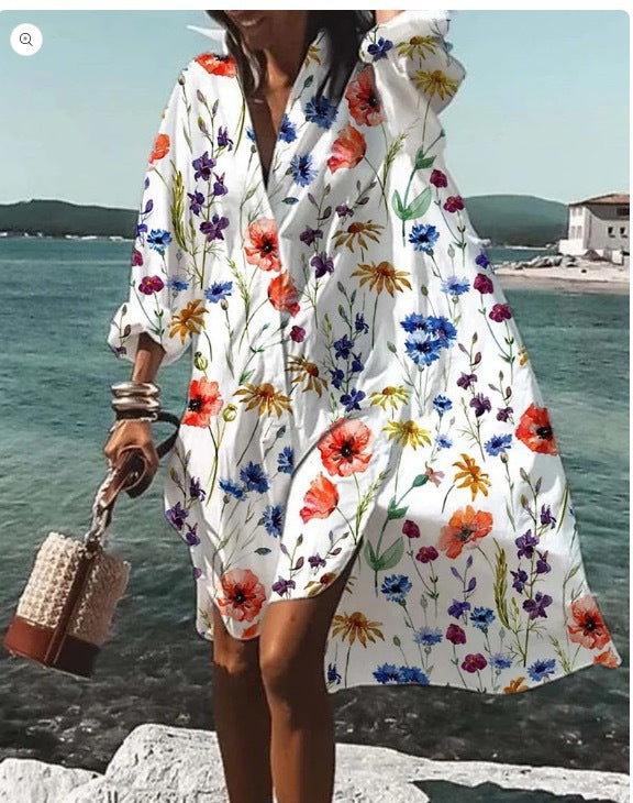 Women's Loose Digital Printing Long-sleeved Lapel Shirt Dress - 𝓢𝓱𝓸𝓹𝓵𝓮𝓬𝔂