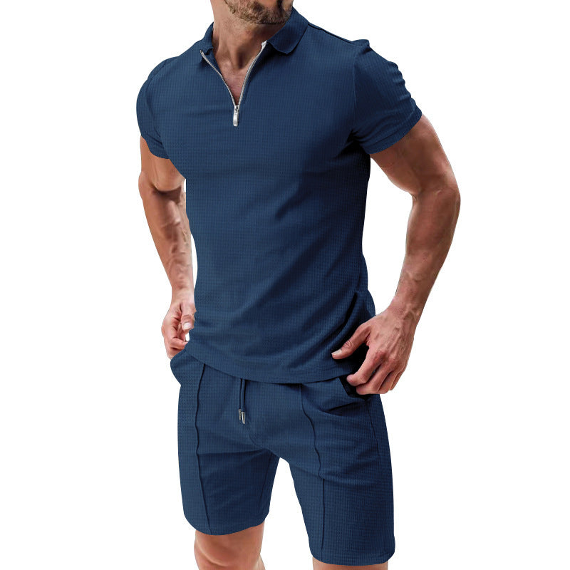 2Pcs Casual Waffle Suit Summer Zipper Lapel Short-sleeved Top And Drawstring Pockets Shorts Versatile Solid Color T-shirt Set For Mens Clothing - 𝓢𝓱𝓸𝓹𝓵𝓮𝓬𝔂
